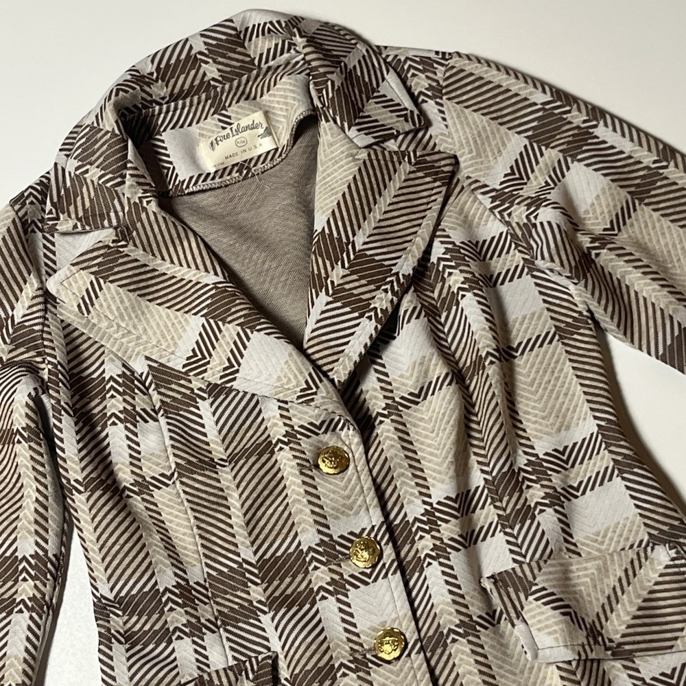 Vtg Fire Islander Retro Brown Plaid Blazer Size 11/12 Gold Button US Made Jacket